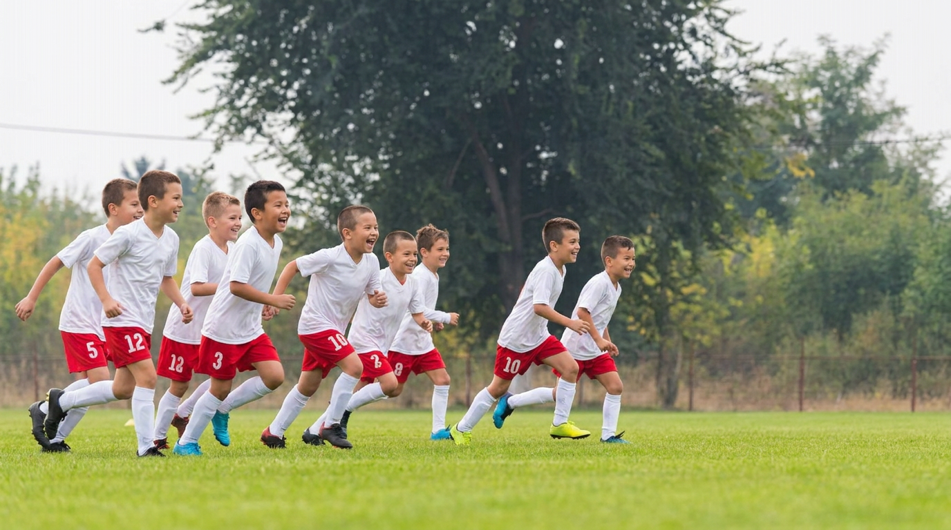 Team of young players running on the field