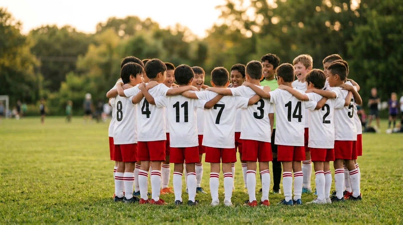 Young players in a huddle on a grass field